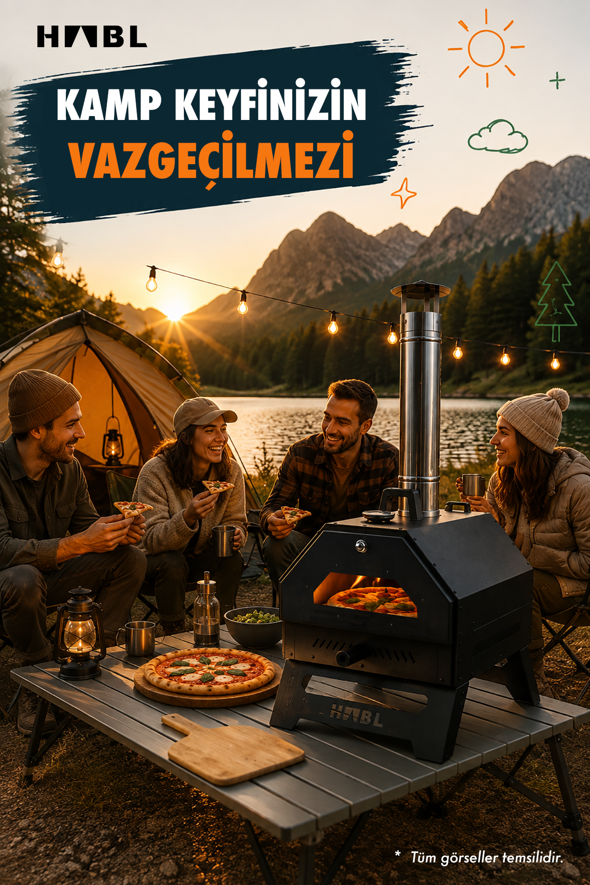 HABL Portatif Pizza Fırını Odun ve Kömürlü Taşıma Çantalı Pizza Taşı Dahil Kamp Tipi Fırın
