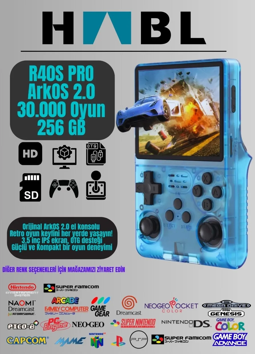 Habl R40S Pro Taşınabilir Retro Oyun Konsolu - 30.000 Oyun - ArkOs 2.0 - 256GB Mavi