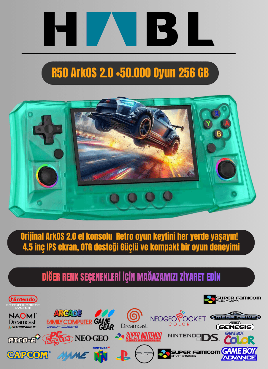Habl R50 Arkos 2.0 +50.000 Oyunlu El Konsolu 256 GB Taşınabilir Retro Oyun Konsolu Yeşil