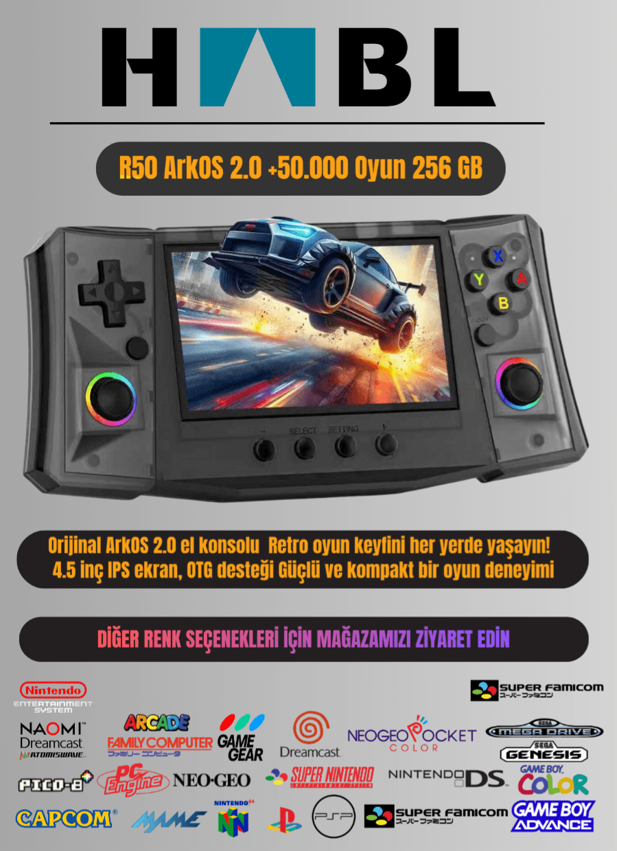 Habl R50 Arkos 2.0 +50.000 Oyunlu El Konsolu 256 GB Taşınabilir Retro Oyun Konsolu Siyah