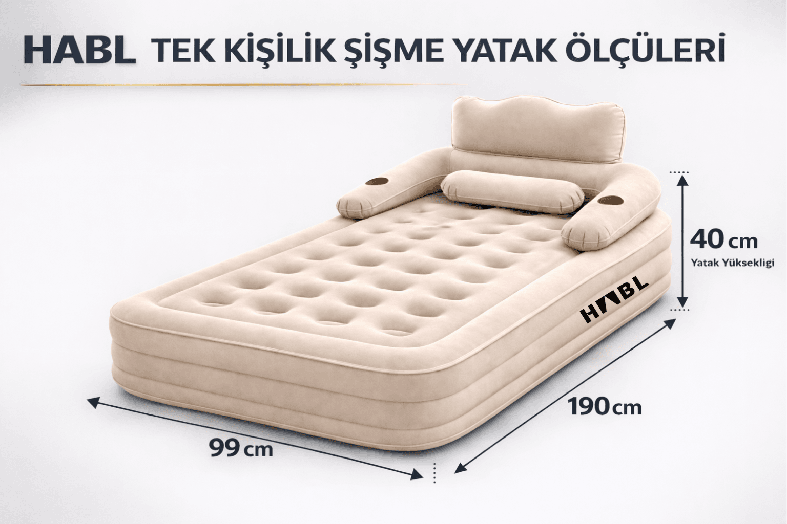 HABL Tek Kişilik Otomatik Şişme Yatak Çıkarılabilir Başlıklı Kamp ve Misafir Yatağı 190x99x40cm