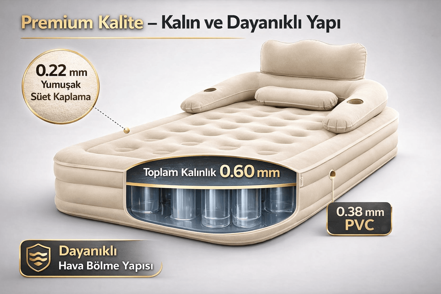HABL Tek Kişilik Otomatik Şişme Yatak Çıkarılabilir Başlıklı Kamp ve Misafir Yatağı 190x99x40cm