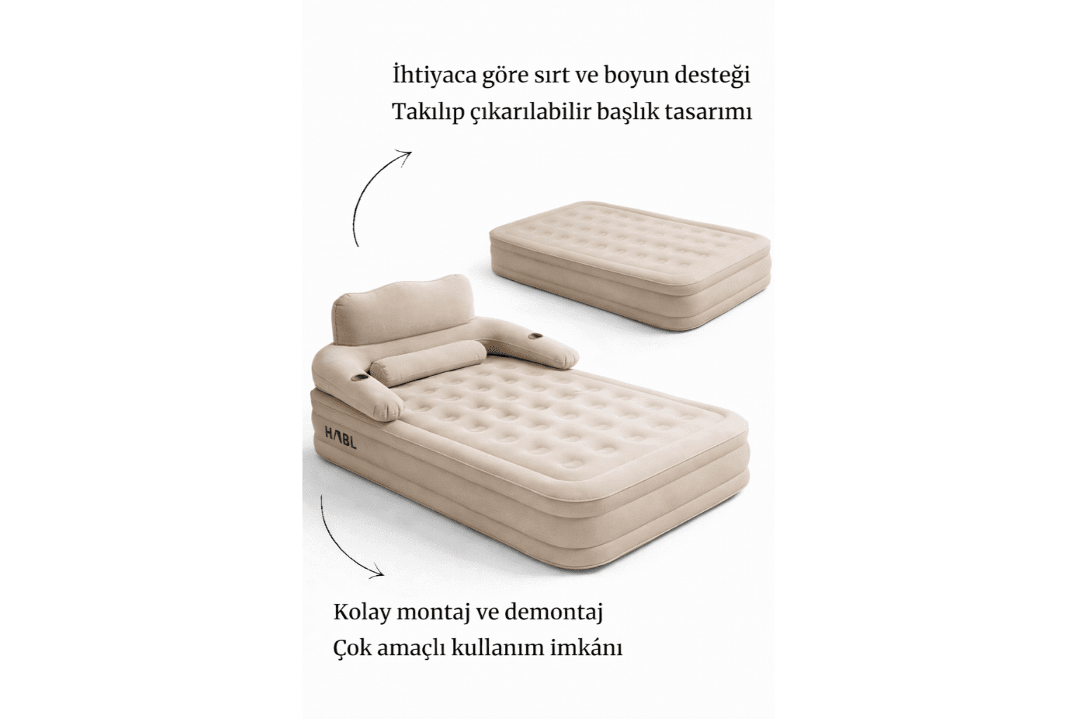 HABL Tek Kişilik Otomatik Şişme Yatak Çıkarılabilir Başlıklı Kamp ve Misafir Yatağı 190x99x40cm
