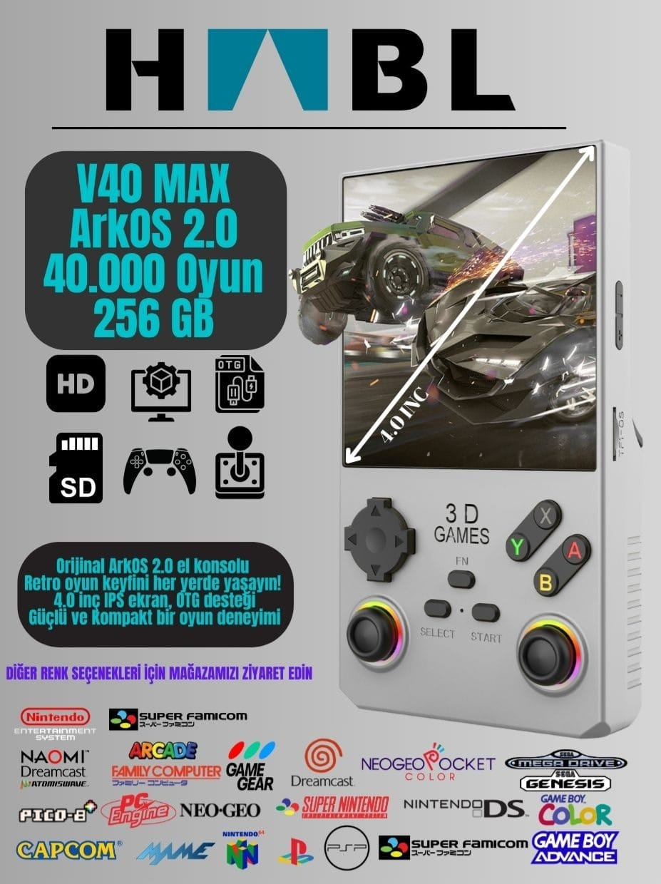 Habl V40 Max Arkos 2.0 +40.000 Oyunlu El Konsolu 256 GB Taşınabilir Retro Oyun Konsolu Beyaz
