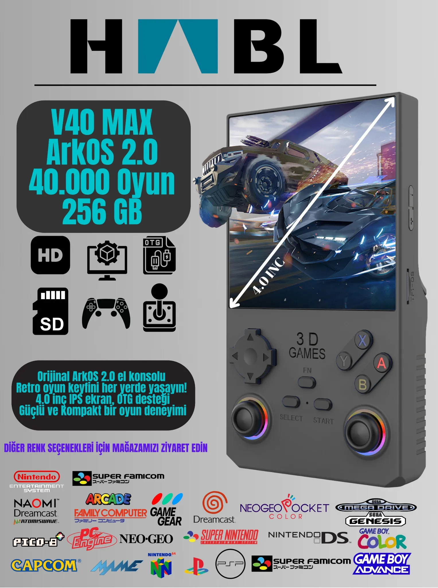 Habl V40 Max Arkos 2.0 +40.000 Oyunlu El Konsolu 256 GB Taşınabilir Retro Oyun Konsolu Siyah