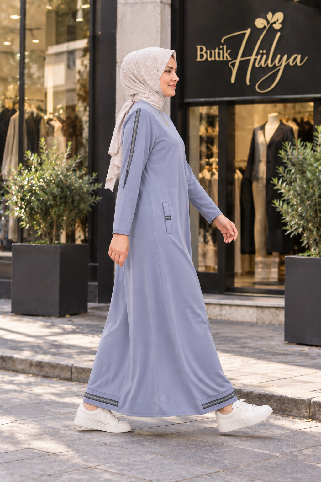 26129 Manşetli Elbise Açık Gri