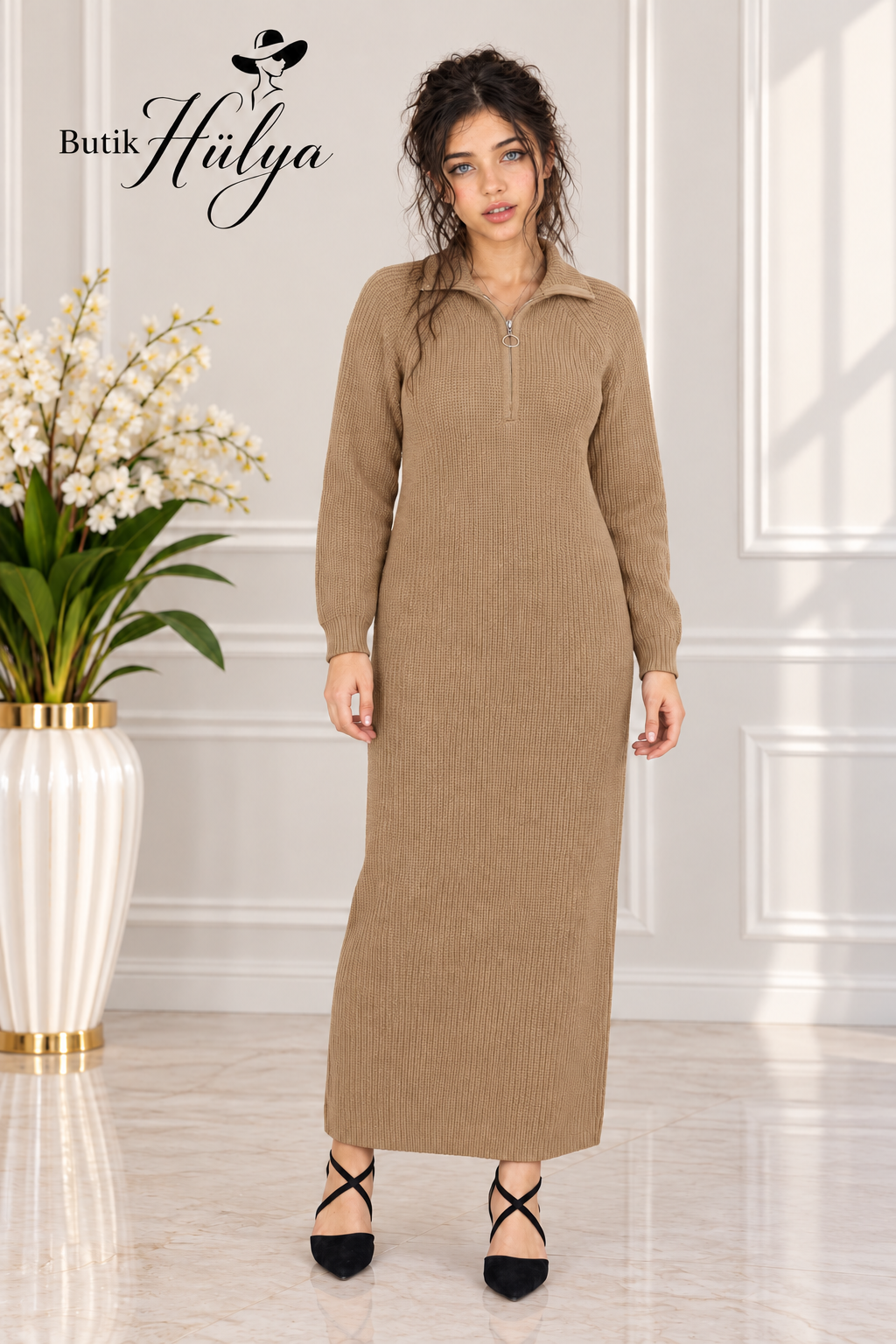 26133 Triko Elbise Taba