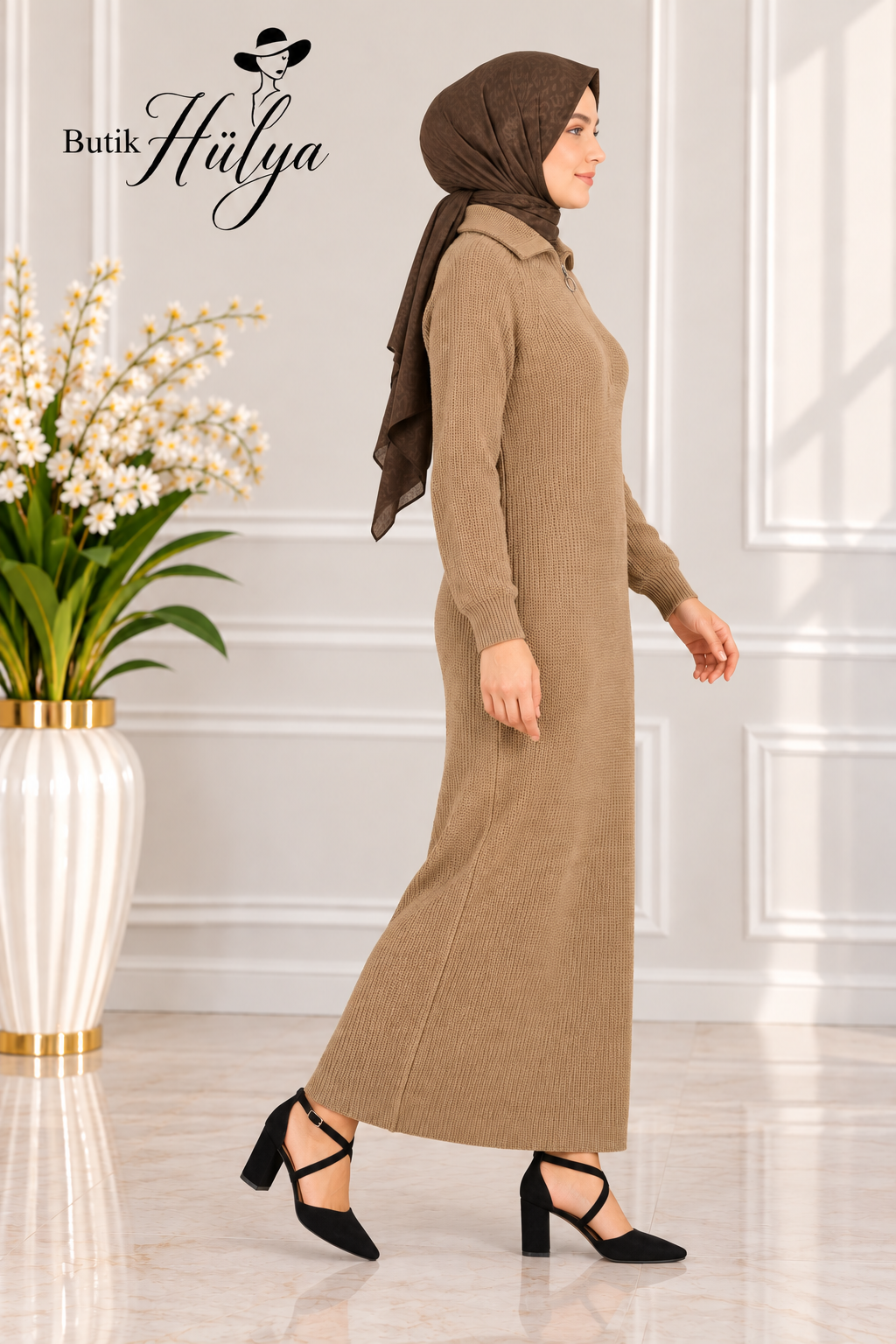 26133 Triko Elbise Taba