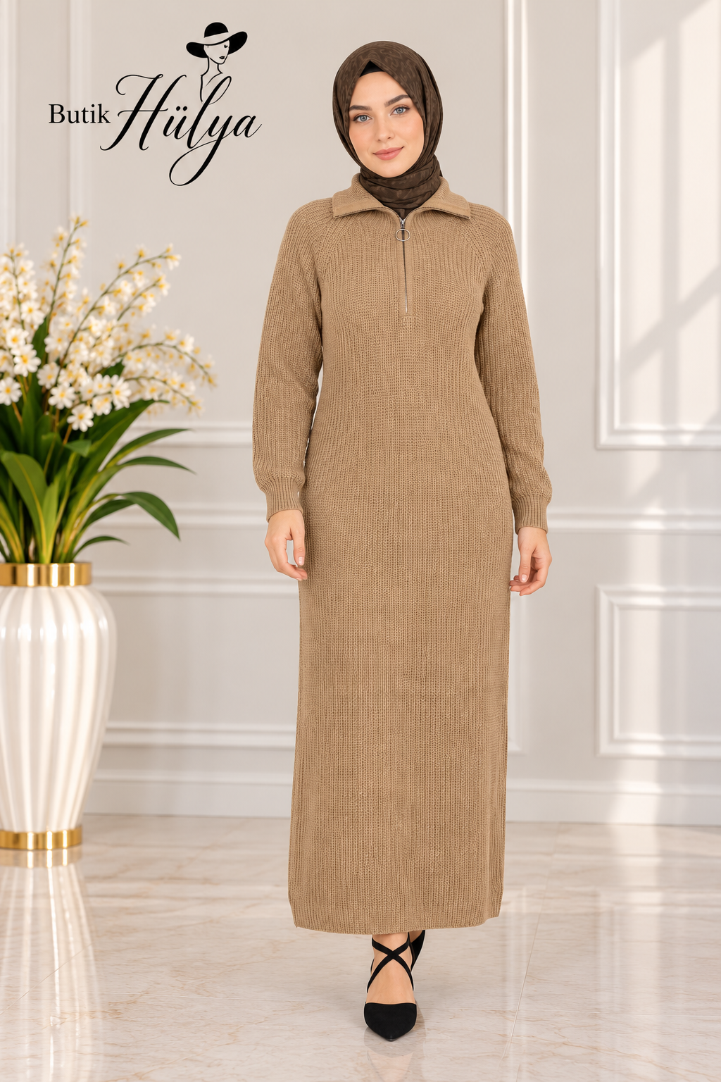 26133 Triko Elbise Taba
