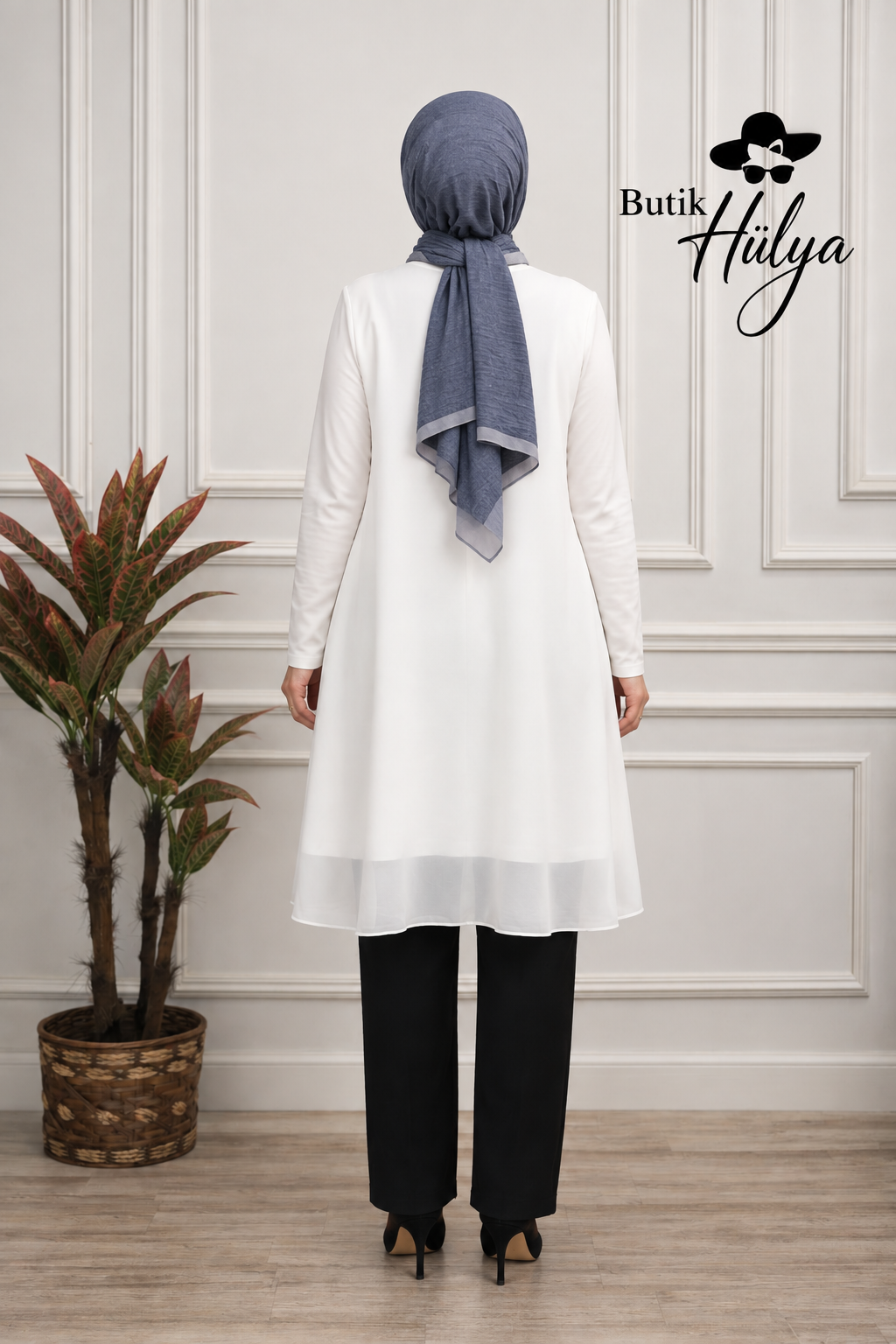 32108 Uzun kollu şifon tunik beyaz