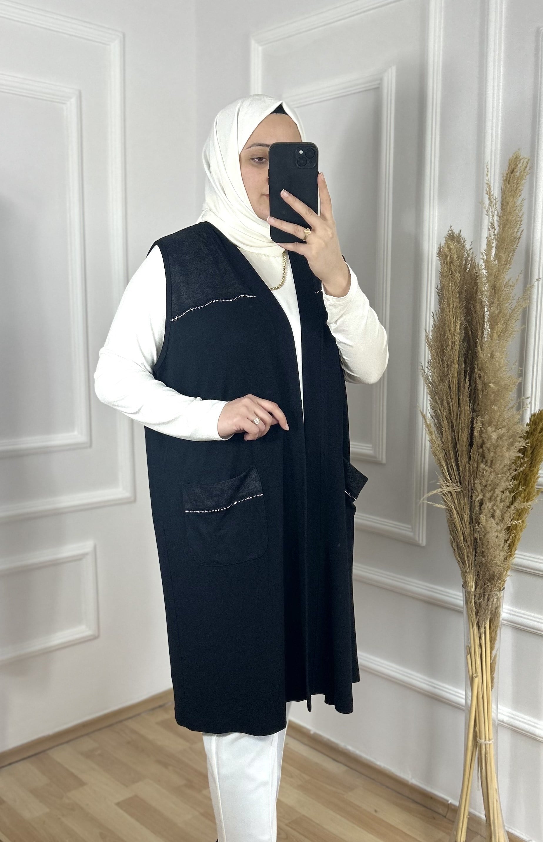 Asude deri detaylı yelek siyah 31101