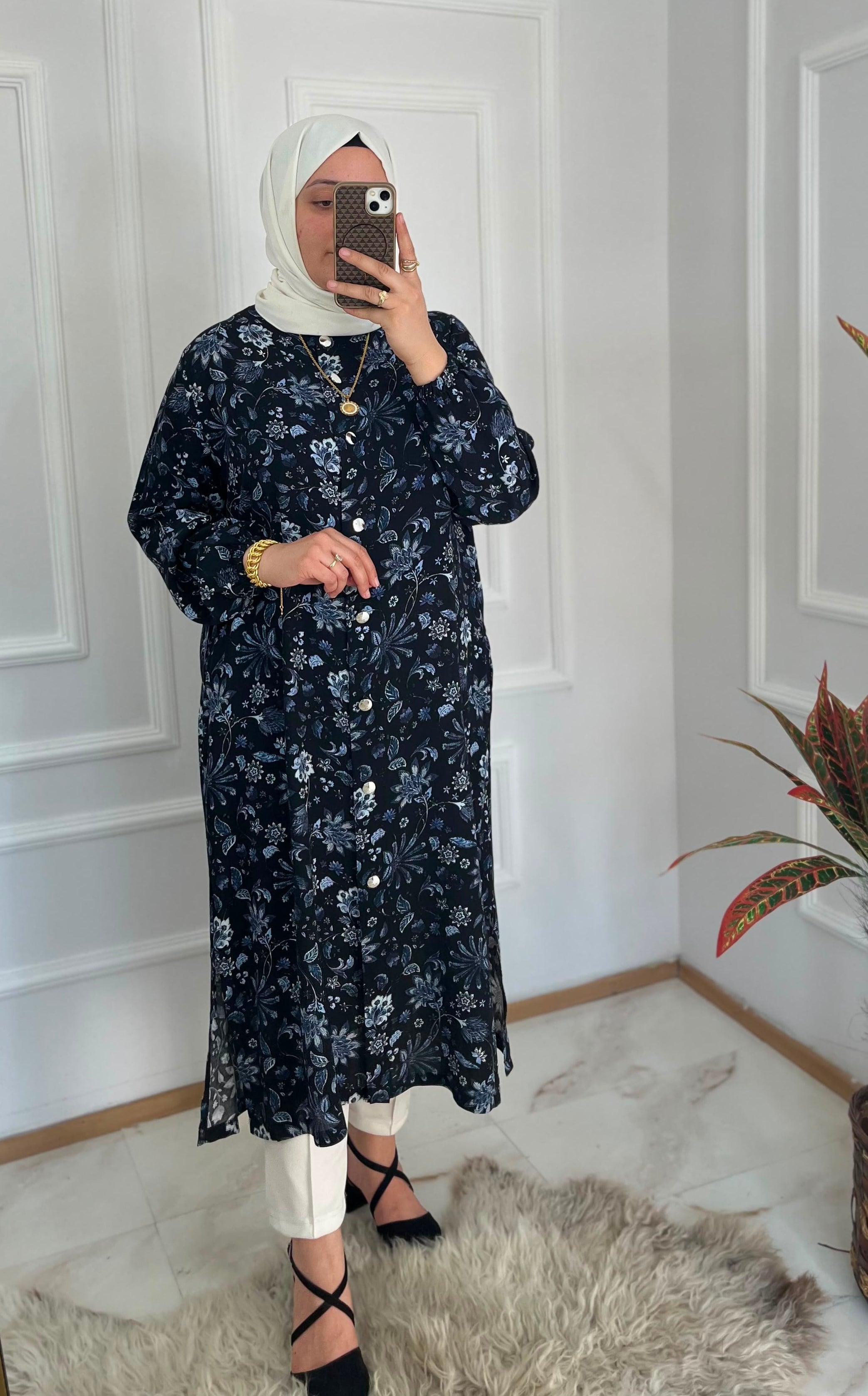 Ebruli Tunik Çiçekli Lacivert 32117