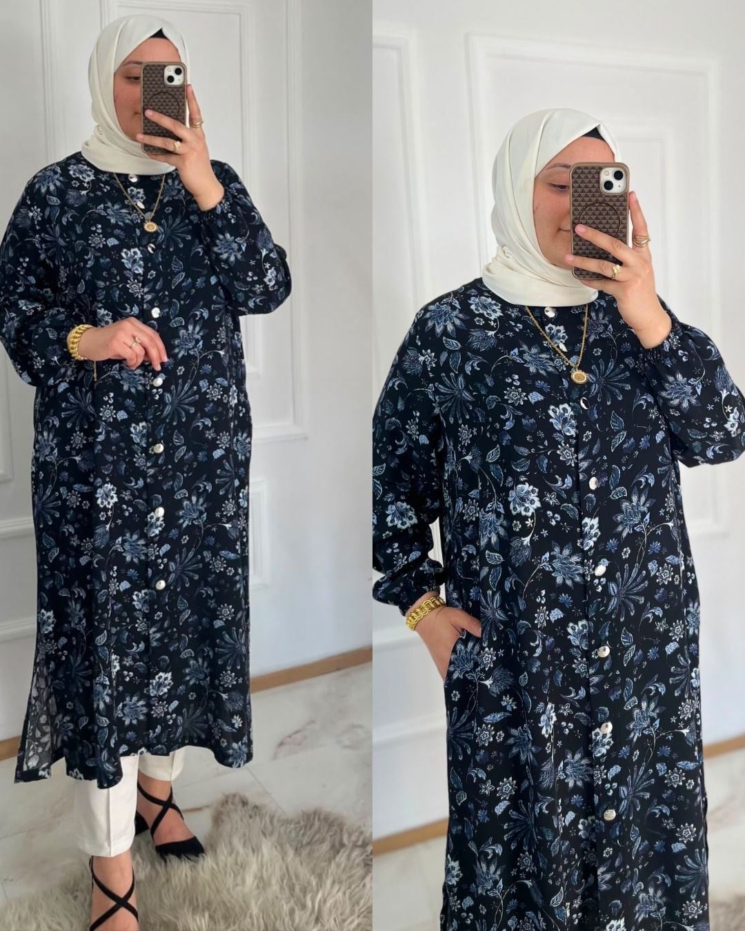 Ebruli Tunik Çiçekli Lacivert 32117