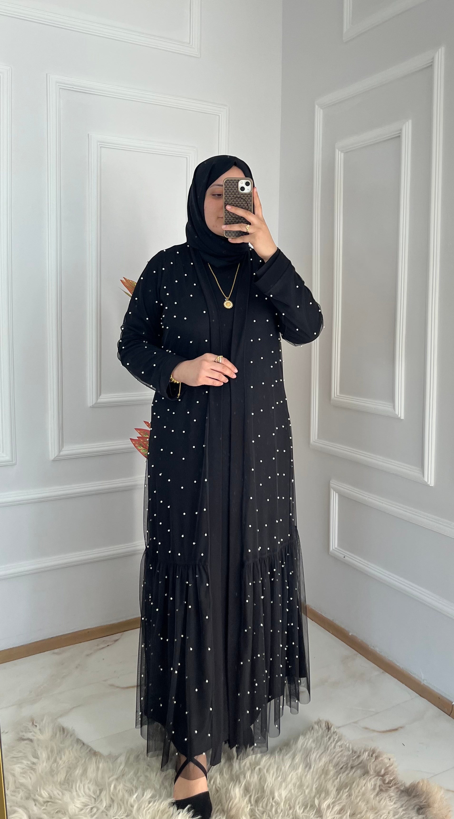İncili Abaya Siyah 36103