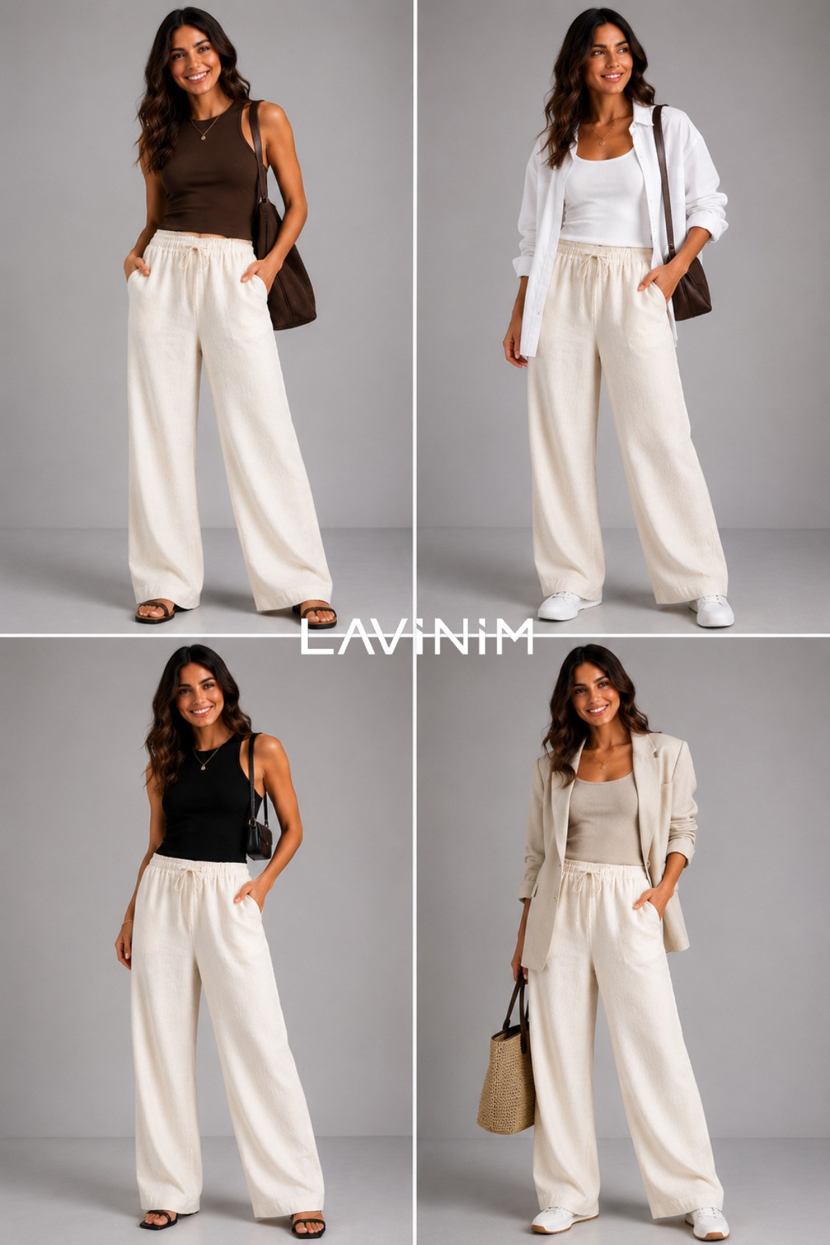 Kadın Bol Paça Oversize Doğal Keten Pantolon %100 Keten