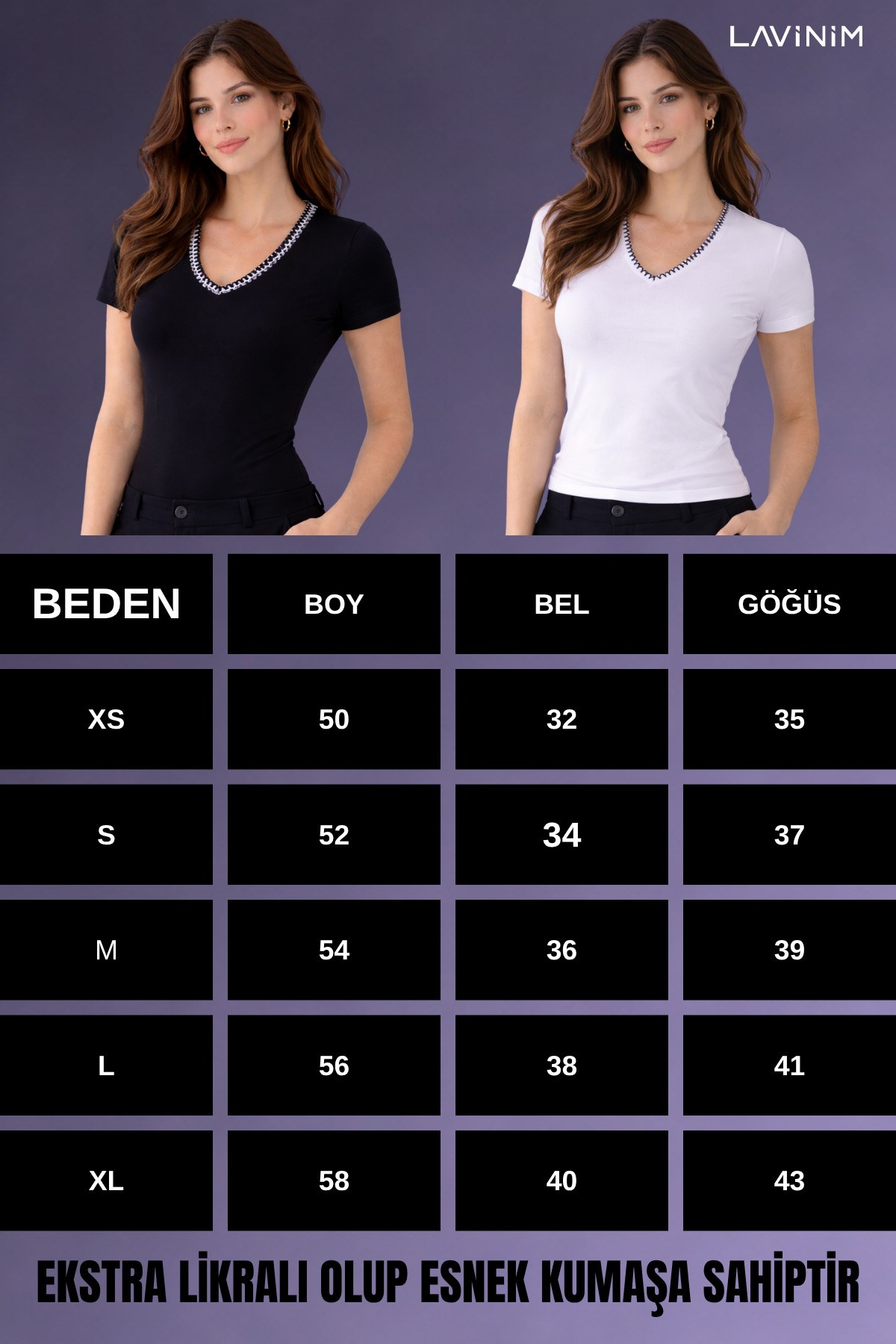 Kadın V Yaka Nakış Detaylı Pamuklu Fit Basic Esnek Tişört