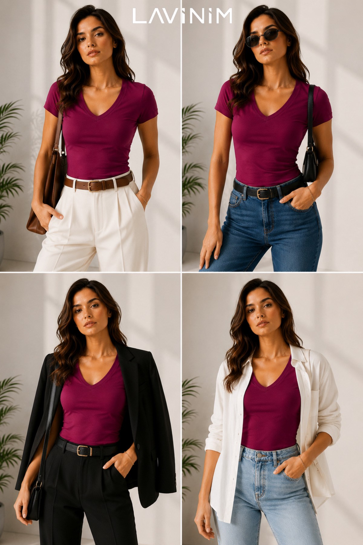 Kadın V Yaka Ultra Soft Pamuk V Body Slim Tişört