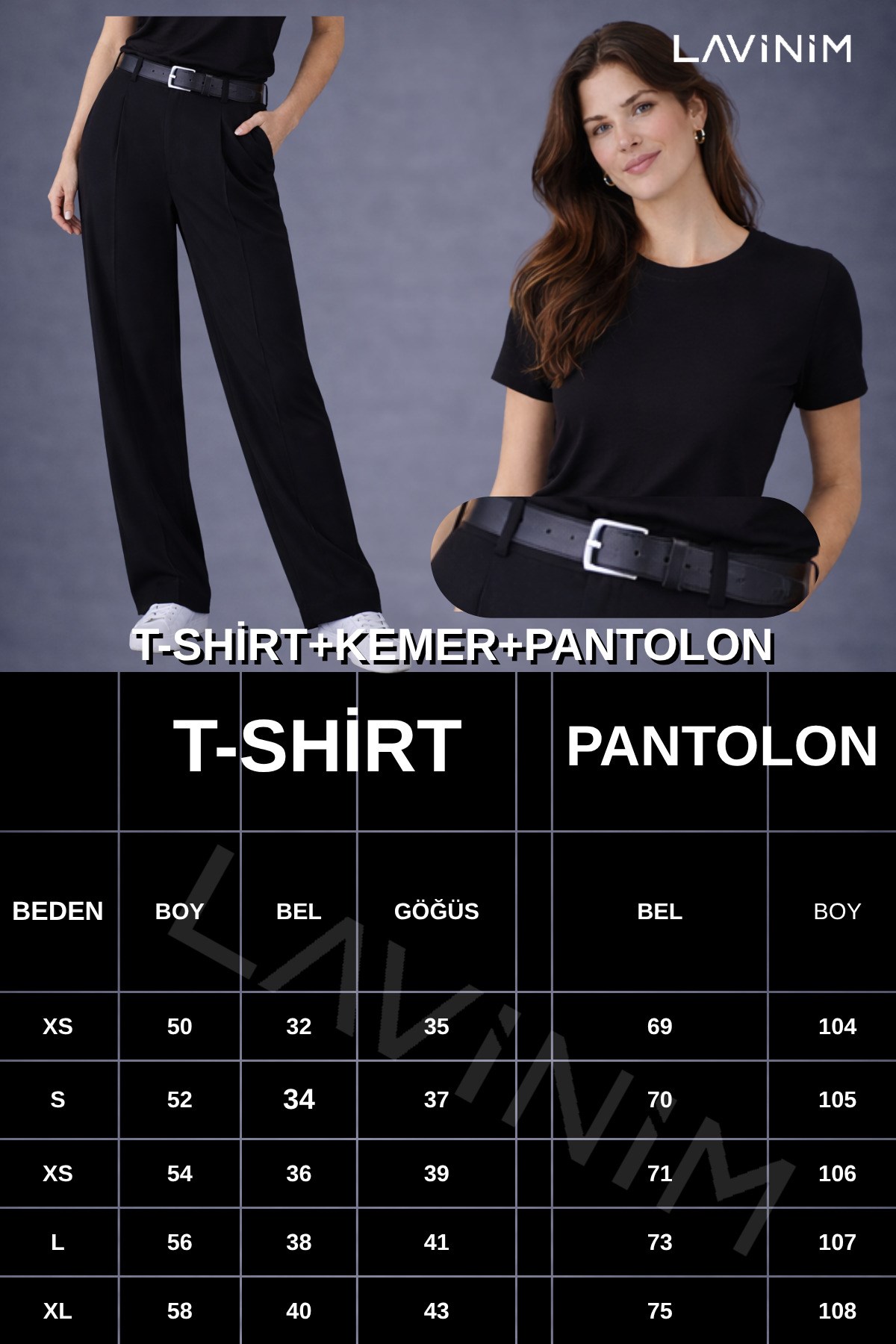 Premium Üçlü Kemerli Takım Pamuklu Fit Kesim Tişört & Oversize Palazzo Pantolon