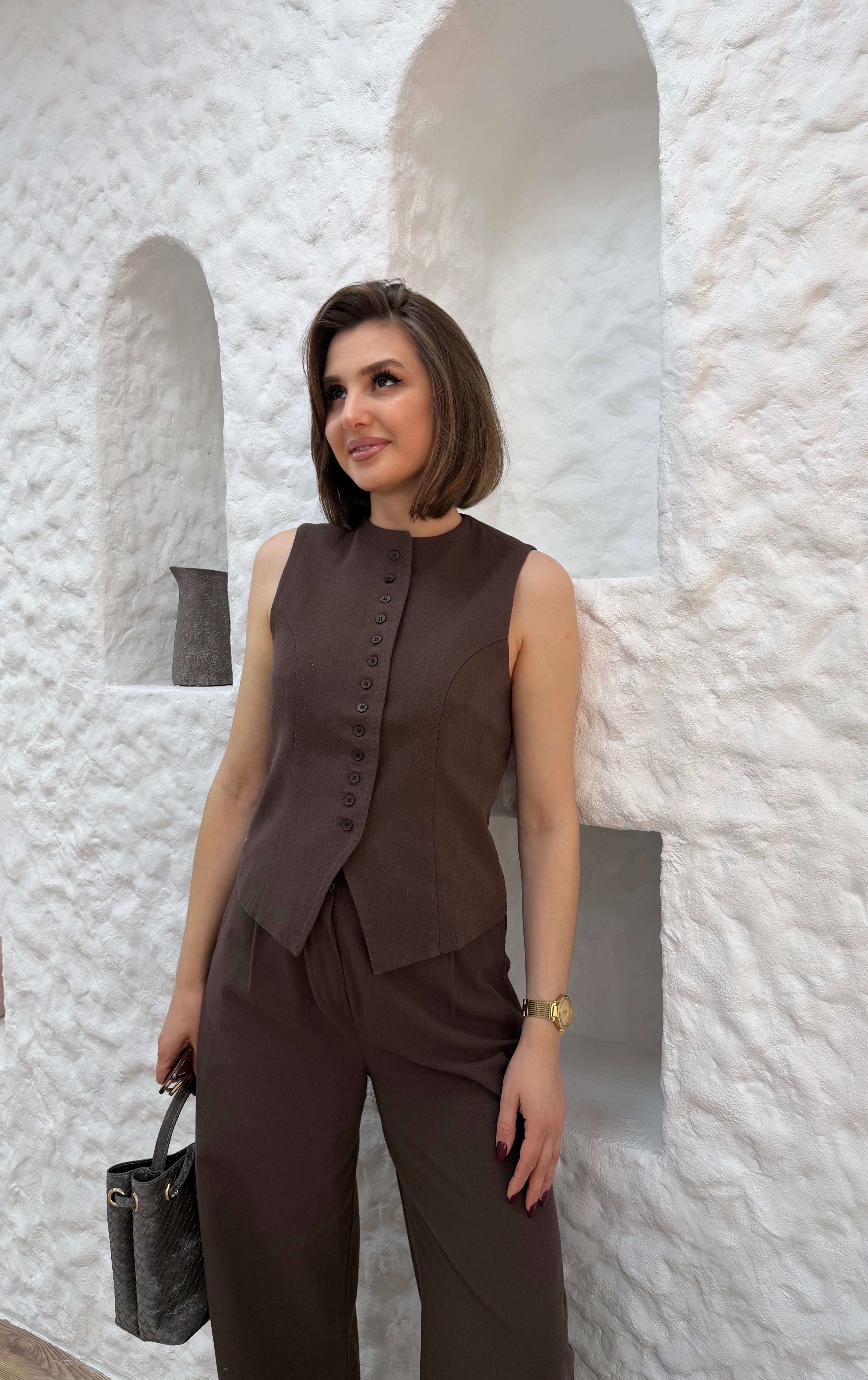 DÜĞME DETAYLI KETEN TAKIM