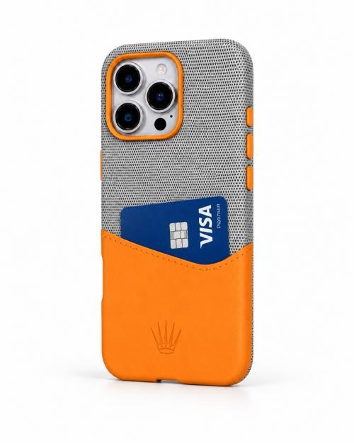 Nova Iphone 16 Pro Max Deri Kartlıklı Telefon Kılıfı Gri-Turuncu 