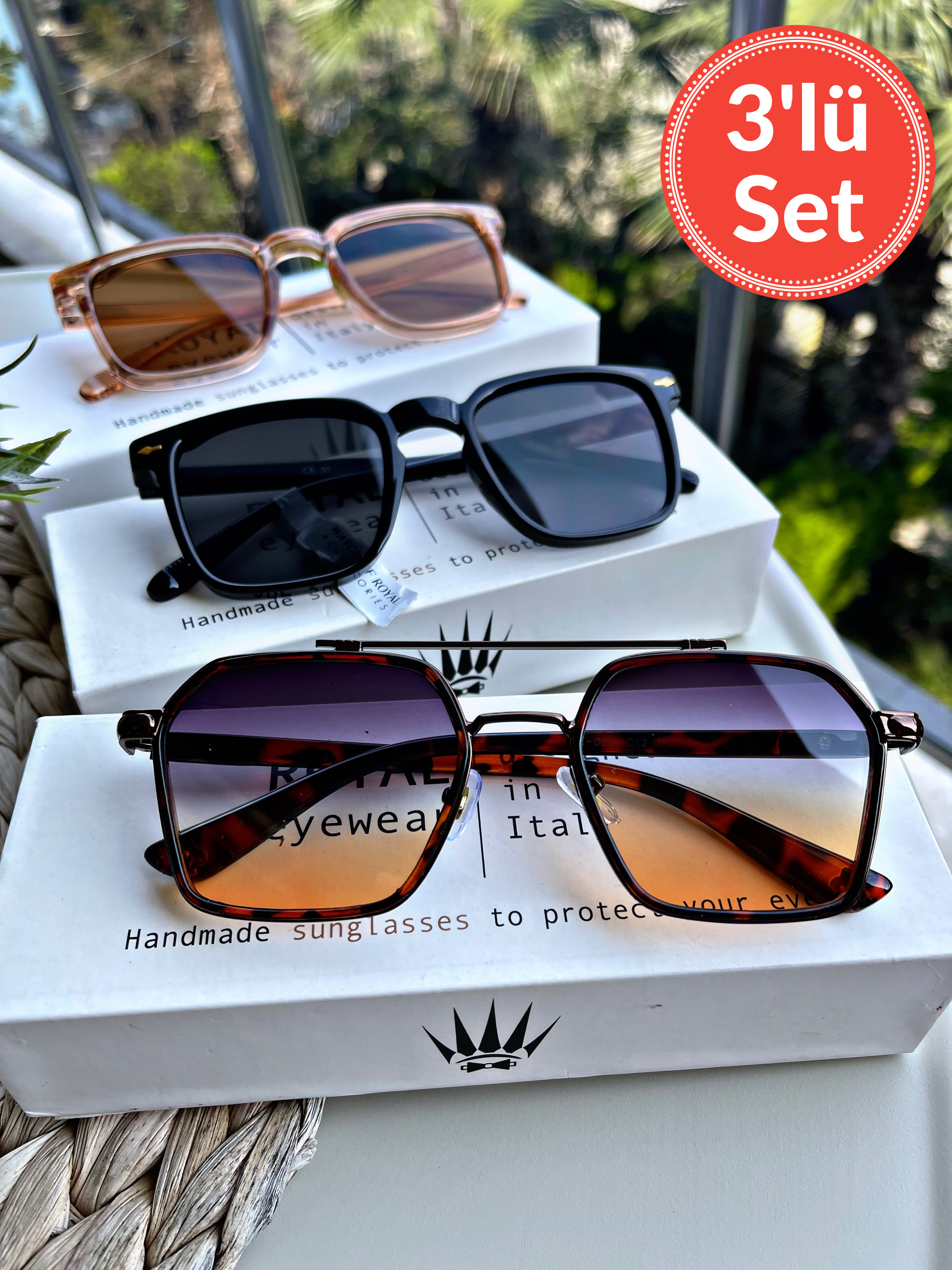 Üçlü Set Degrade&Rose&Siyah Güneş Gözlüğü Kadın & Erkek UV400 Cam Orjinal CE BelgeliEyewearWATCHOFROYALüçlüsetgüneşgözlüğüÜçlü Set Degrade&Rose&Siyah Güneş Gözlüğü Kadın & Erkek UV400 Cam Orjinal CE Belgeli