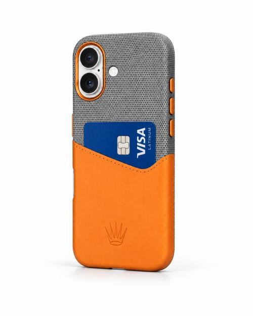 Nova Iphone 16 Deri Kartlıklı Telefon Kılıfı Turuncu-Gri Şık ve Koruyucu
