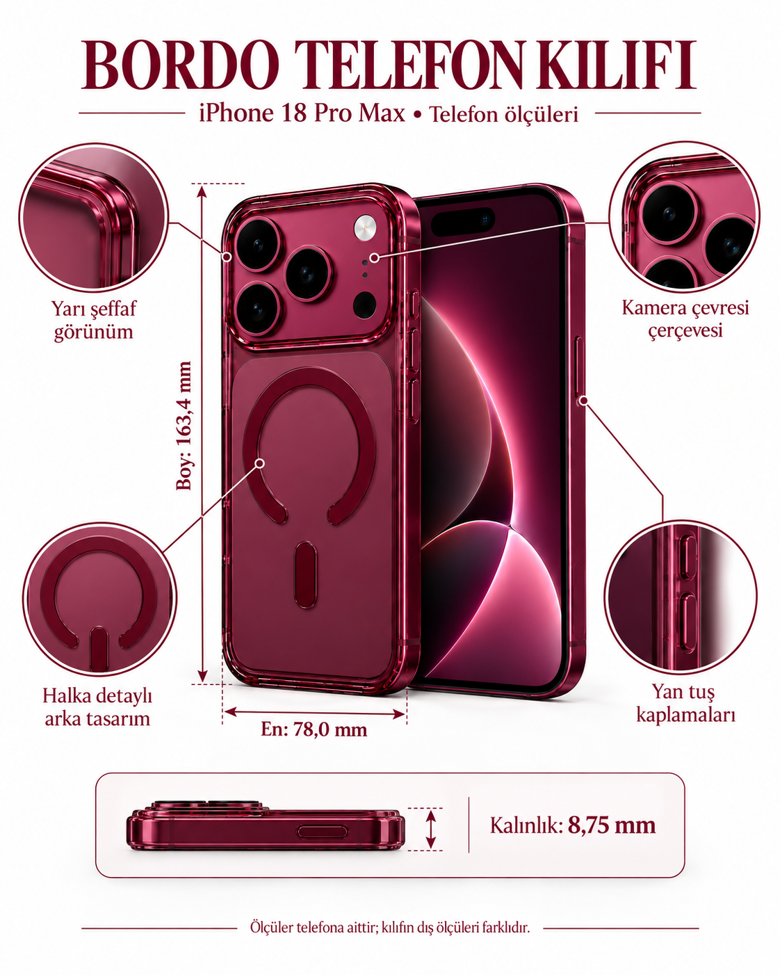 ClearCase Bordo iPhone 18 Pro Max Manyetik Şeffaf Kılıfiphone 17 proWATCHOFROYALclearCase18promaxClearCase Bordo iPhone 18 Pro Max Manyetik Şeffaf Kılıf