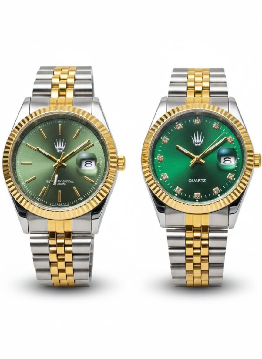 2'li Set Çift Saati Crest Line Silver Gold Yeşil Kol SaatiWatchesWATCHOFROYALçiftsaaticrest2'li Set Çift Saati Crest Line Silver Gold Yeşil Kol Saati