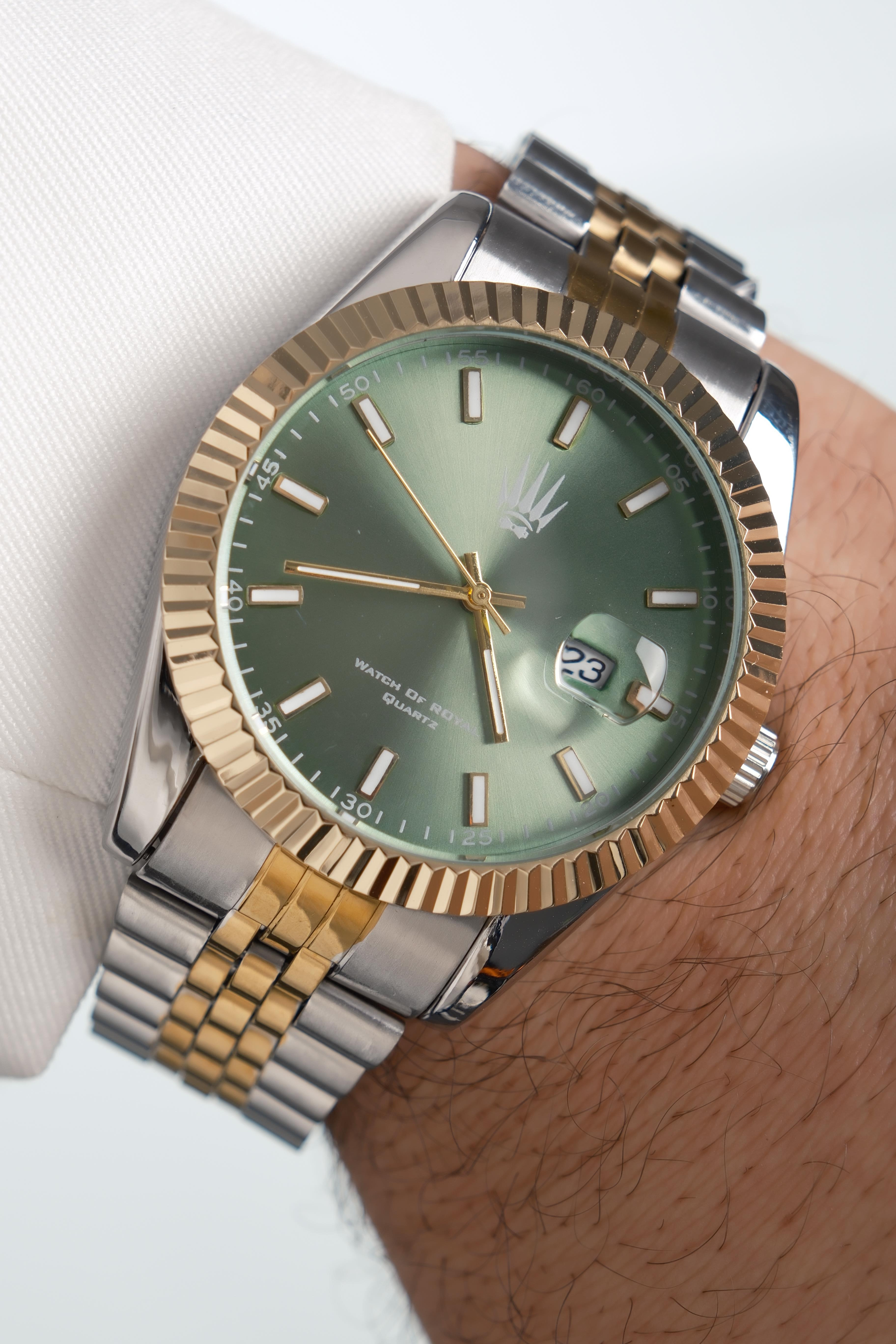 Crest Line Silver Gold Green Kol SaatiKol SaatiWATCHOFROYALCrest LineCrest Line Silver Gold Green Kol Saati