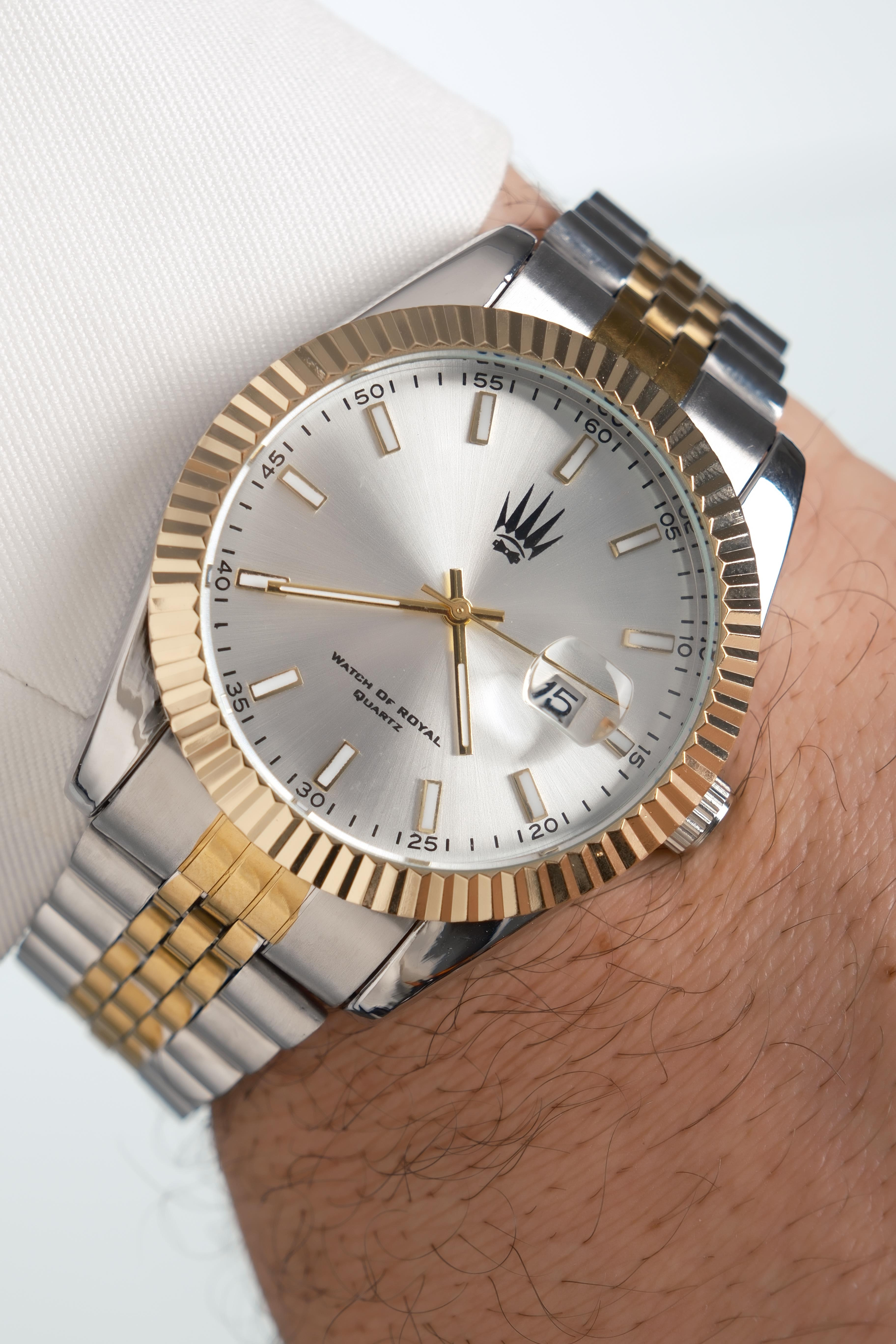 Crest Line Silver Gold White Kol SaatiKol SaatiWATCHOFROYALCrest LineCrest Line Silver Gold White Kol Saati