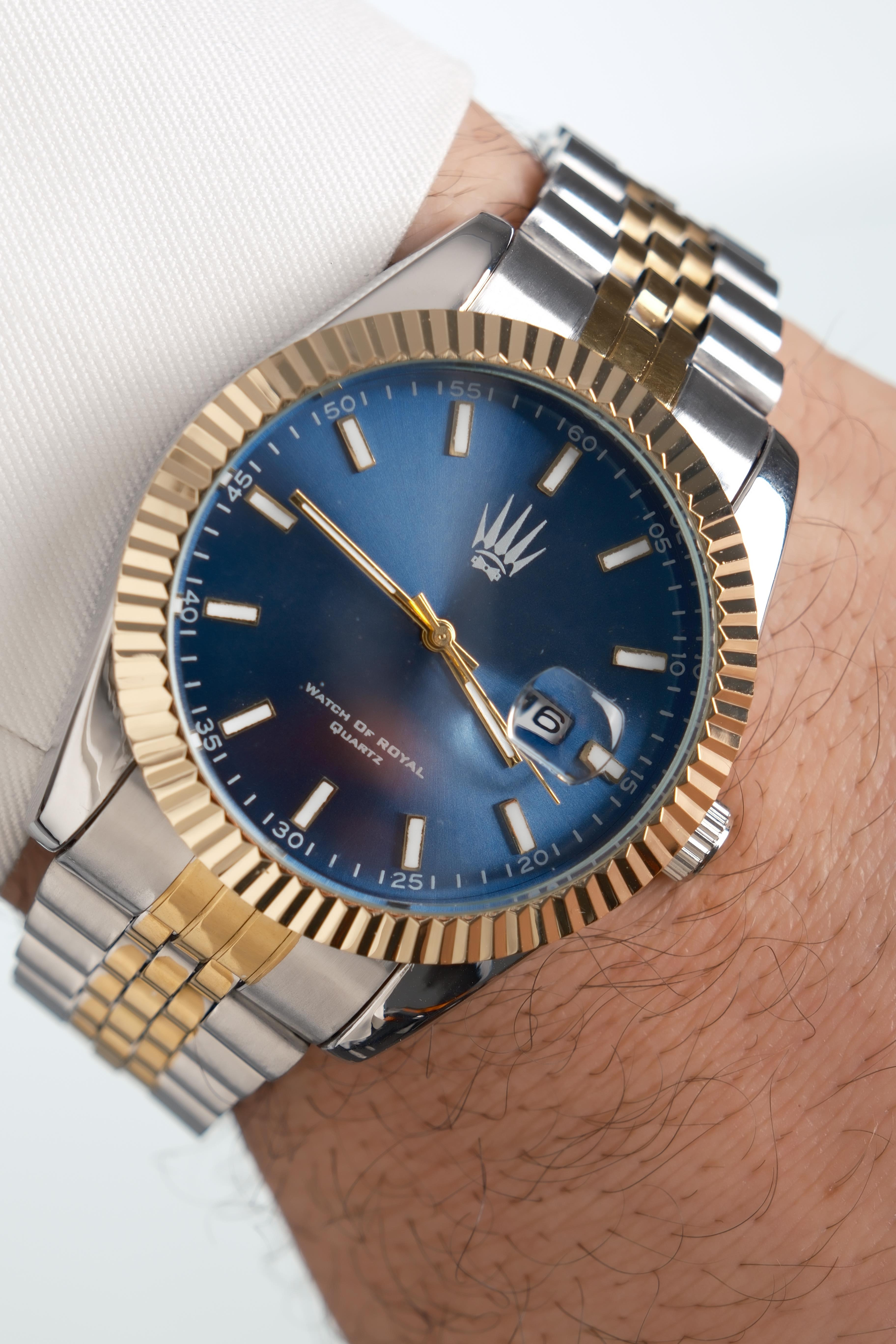 Crest Line Silver Gold Blue Kol SaatiKol SaatiWATCHOFROYALCrest LineCrest Line Silver Gold Blue Kol Saati