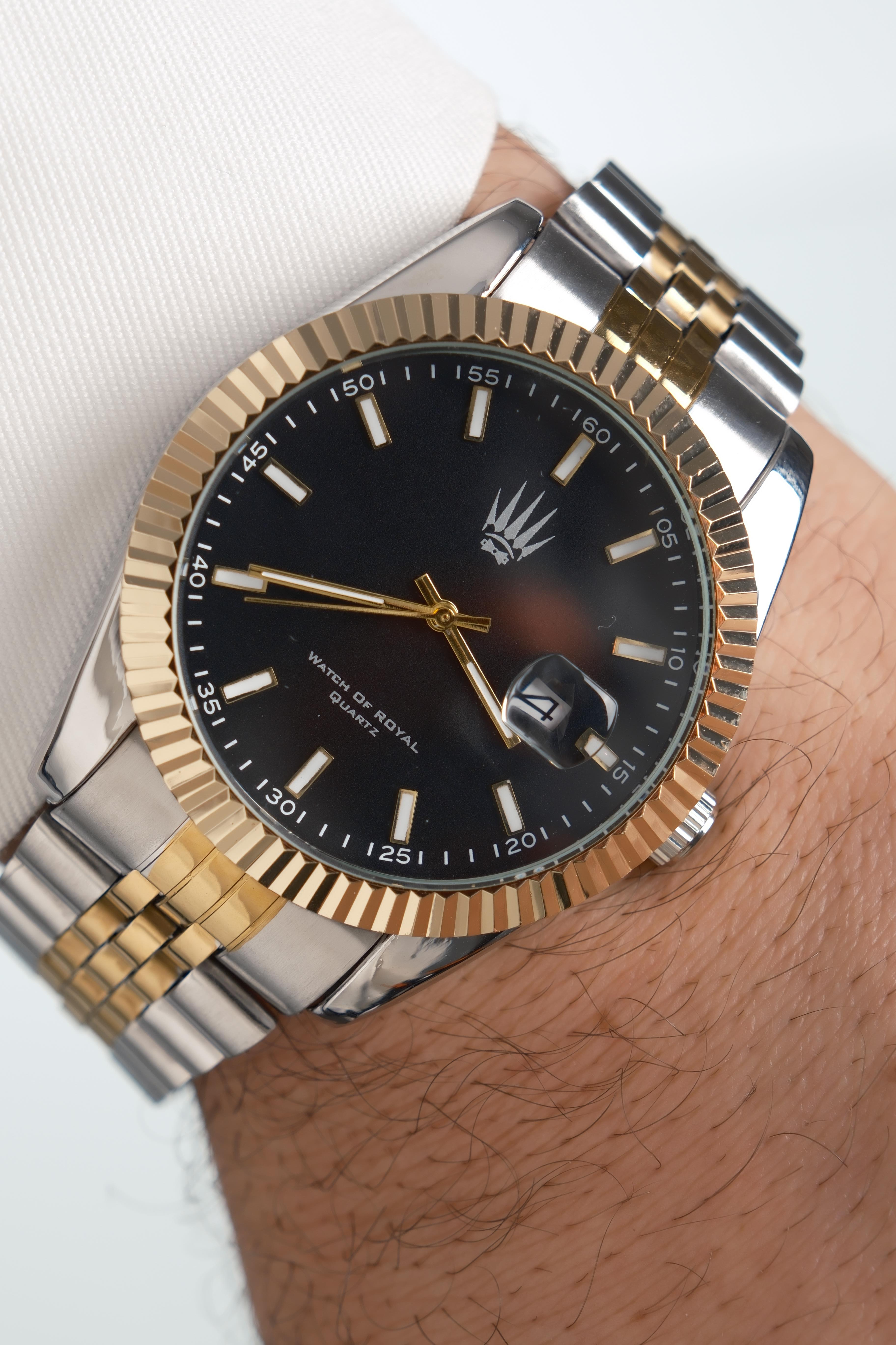 Crest Line Silver Gold Black Kol SaatiWatchesWATCHOFROYALCrest LineCrest Line Silver Gold Black Kol Saati