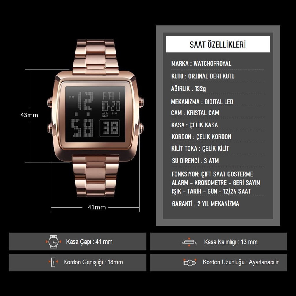 DIGITAL LED ROSE GOLD KOL SAATİSAATROYAL WATCHESDGTLRSGOLDLEDDIGITAL LED ROSE GOLD KOL SAATİ