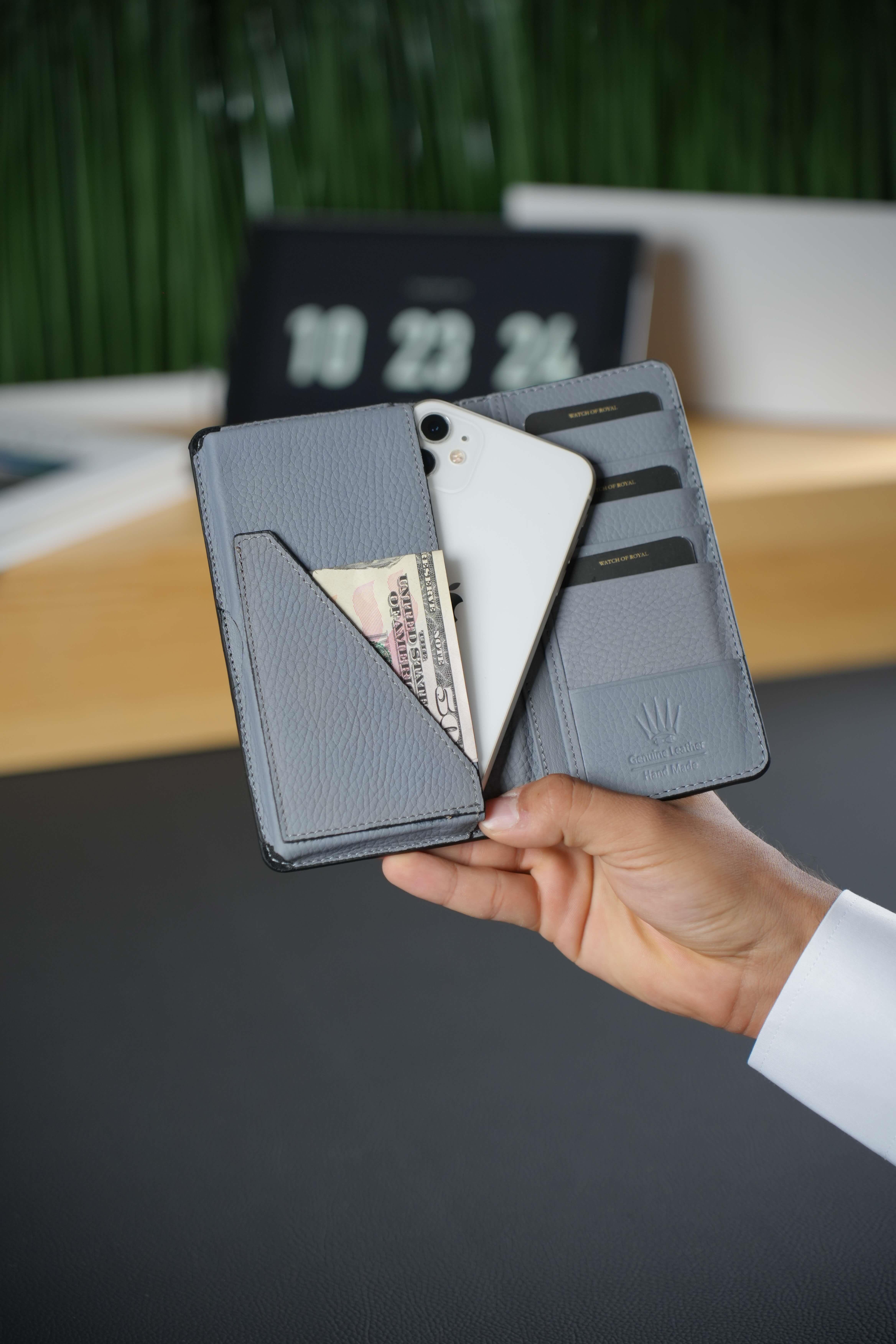 Hakiki Deri Cüzdan Gri Çift Bölme Telefon Cüzdanı 7 Kart Bölmesi Portföy Çanta ElegantPhone WalletWATCHOFROYALELEGANTHakiki Deri Cüzdan Gri Çift Bölme Telefon Cüzdanı 7 Kart Bölmesi Portföy Çanta Elegant