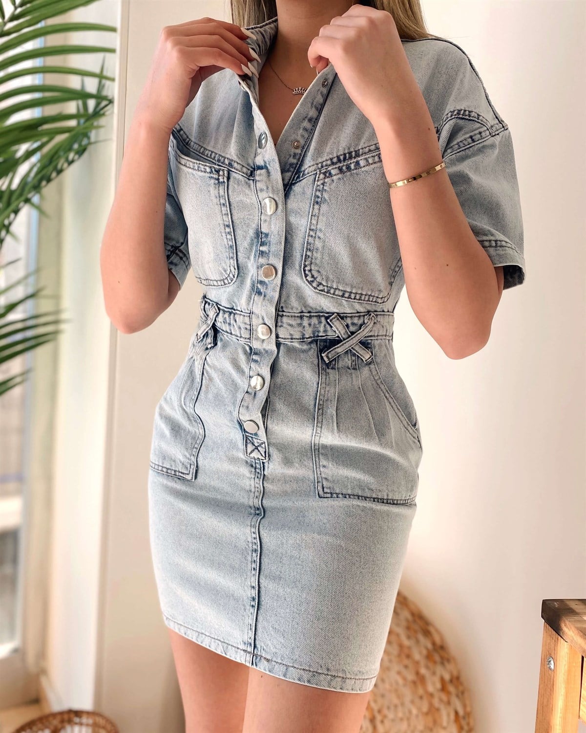 Açık Renk Mini Jean Elbise