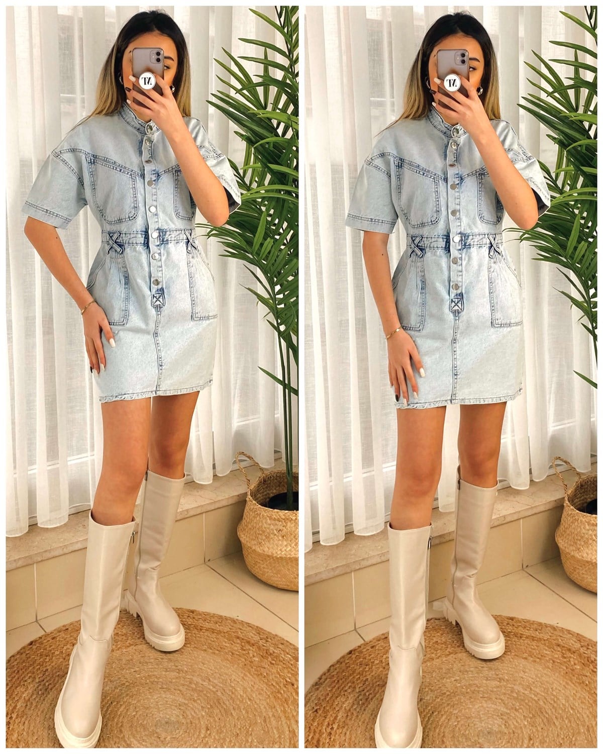 Açık Renk Mini Jean Elbise