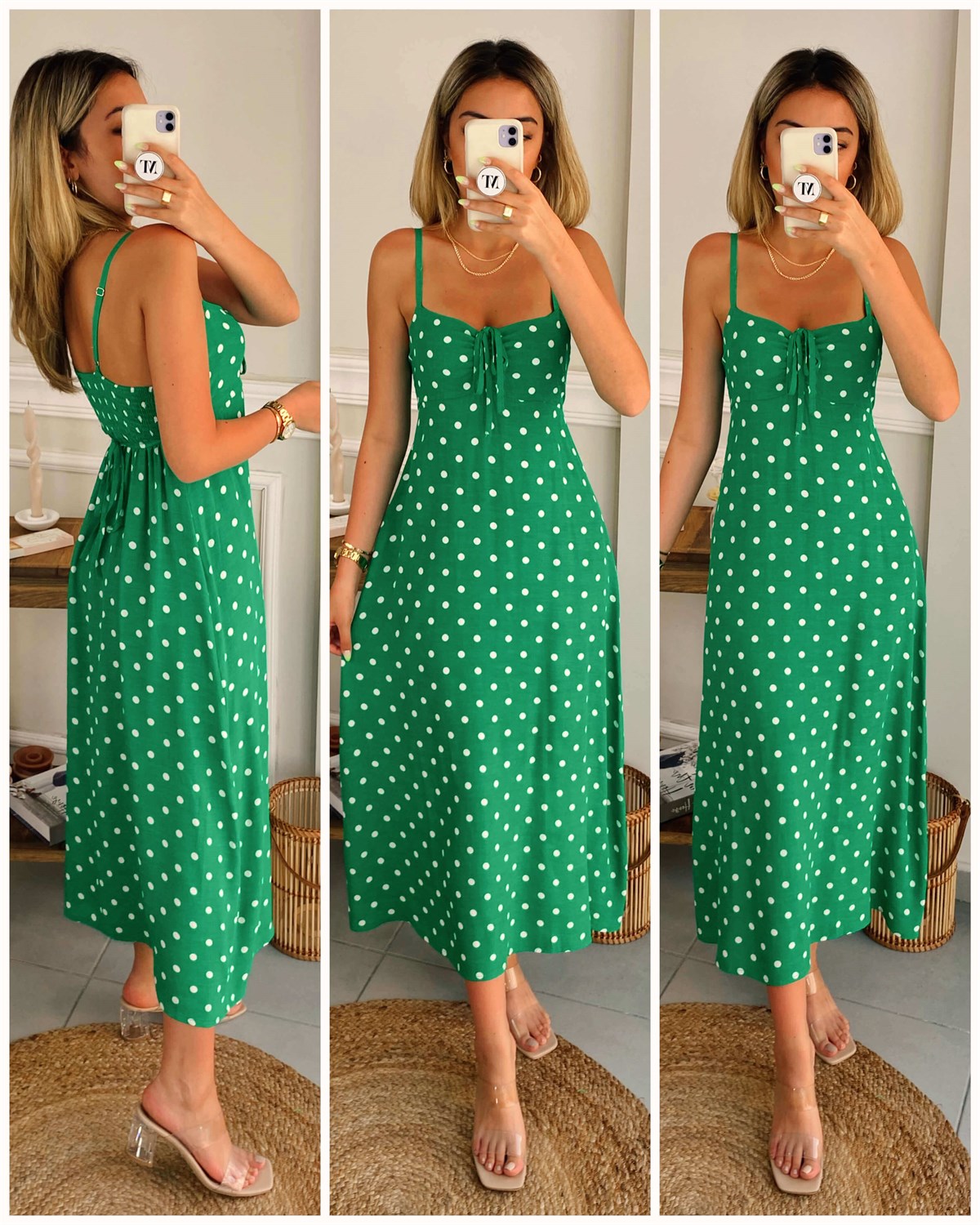 Askılı Puantiyeli Yeşil Elbise