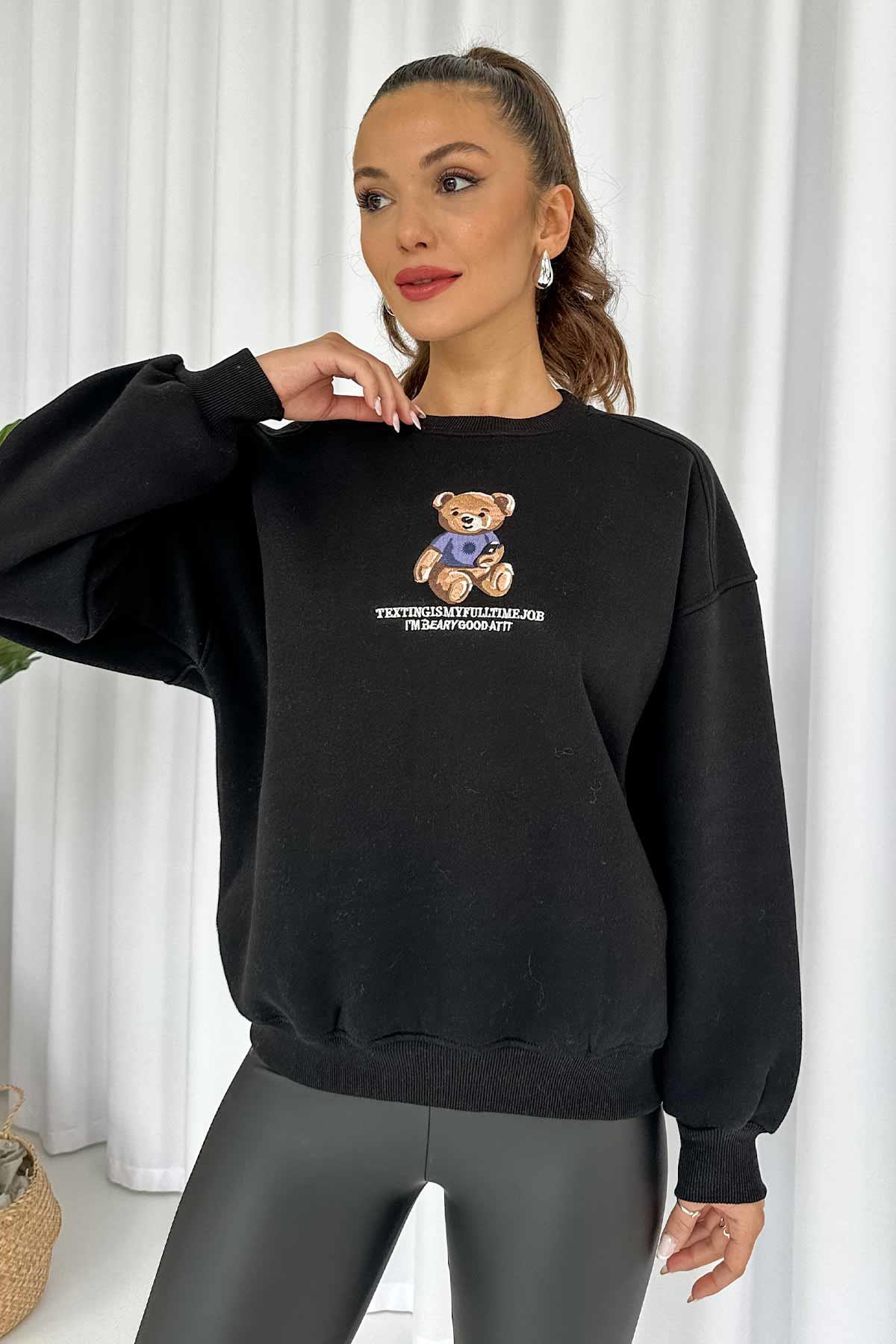 Ayıcıklı Üç İplik Şardonlu Kadın Sweatshirt - Siyah
