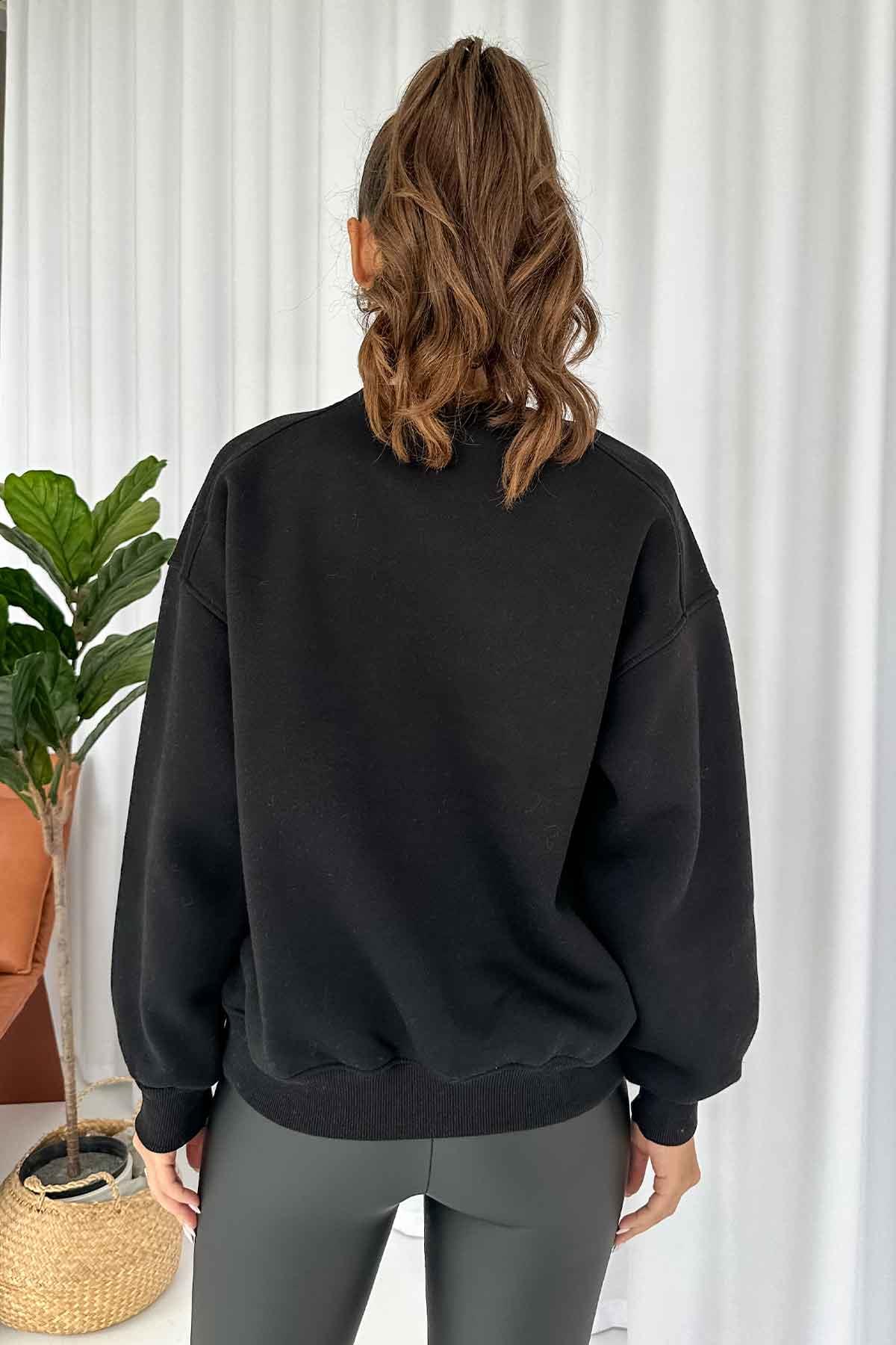 Ayıcıklı Üç İplik Şardonlu Kadın Sweatshirt - Siyah