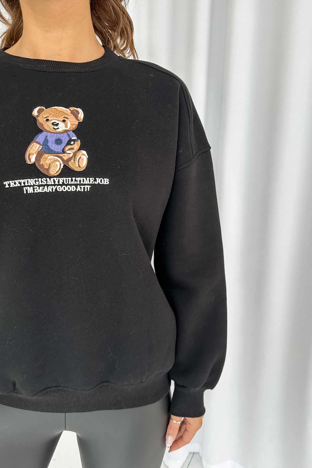 Ayıcıklı Üç İplik Şardonlu Kadın Sweatshirt - Siyah