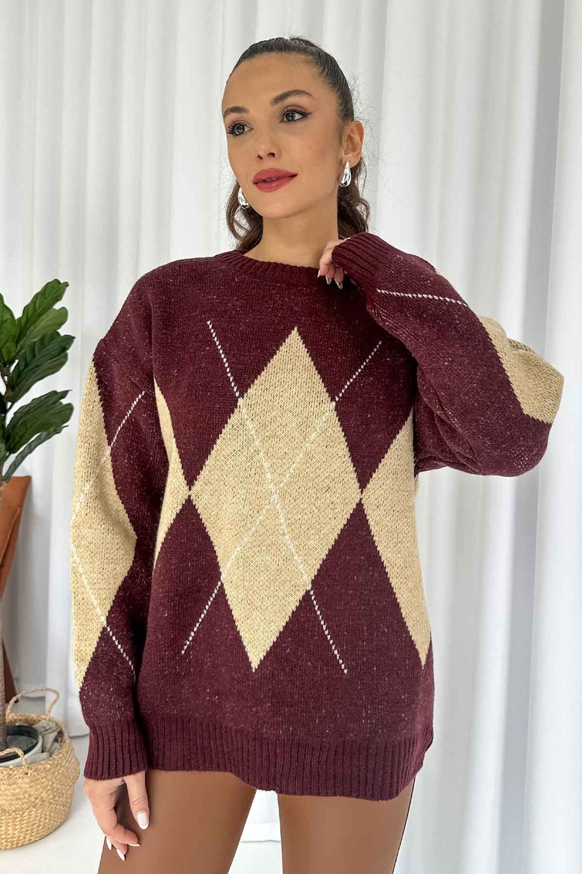 Baklava Desenli Kazak - Bordo