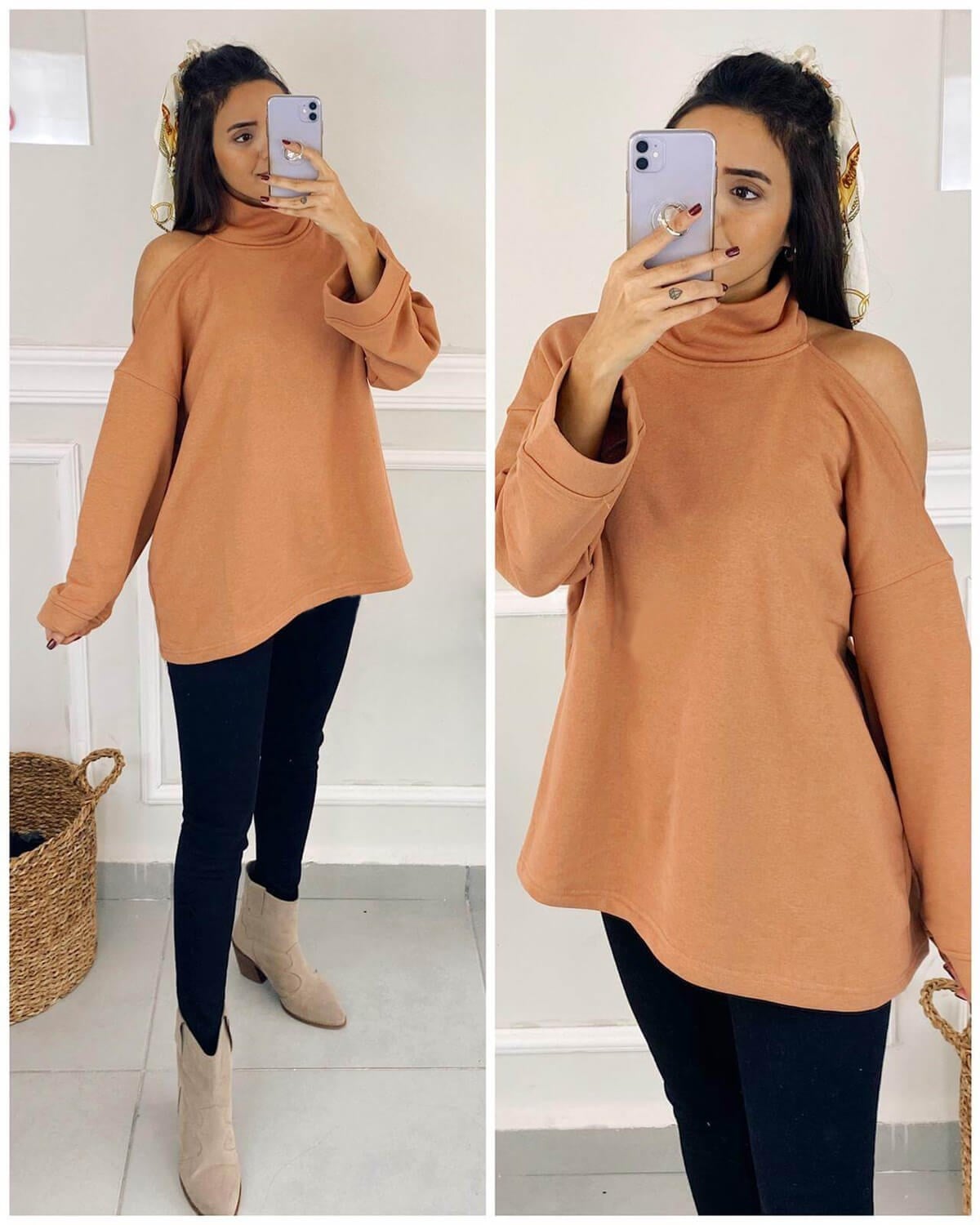 Balıkçı Yaka Omuz Dekolteli Sweatshirt