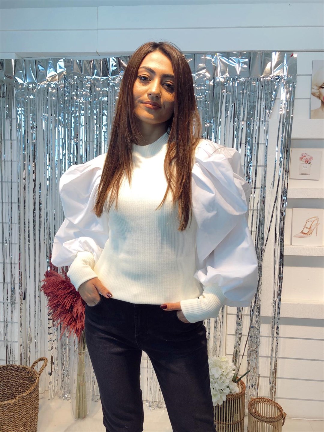 Balon Kol Poplin Kumaş Triko - Ekru