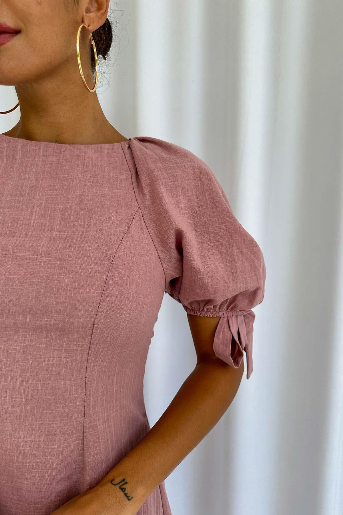 Balon Kol Sırtı Çapraz Maxi Elbise - Pembe