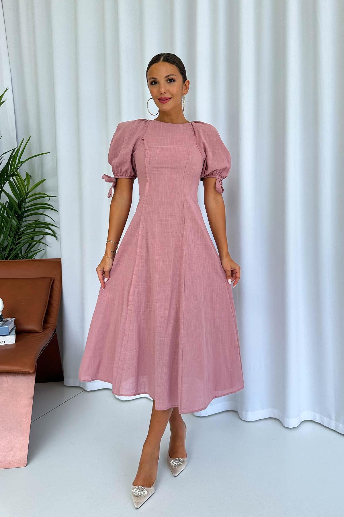 Balon Kol Sırtı Çapraz Maxi Elbise - Pembe