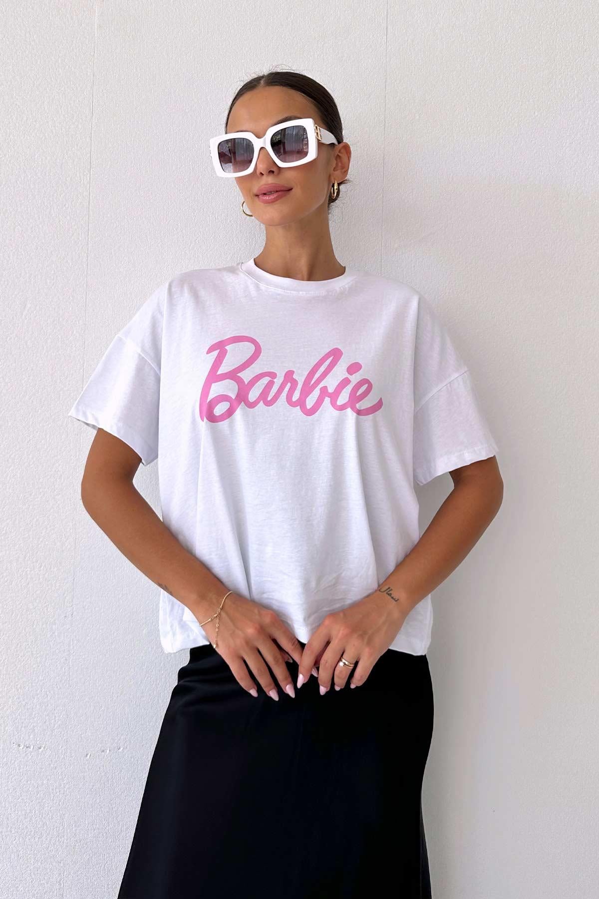 Barbie Baskılı  Bisiklet Yaka Pamuklu Kumaş Kadın T-shirt - Beyaz