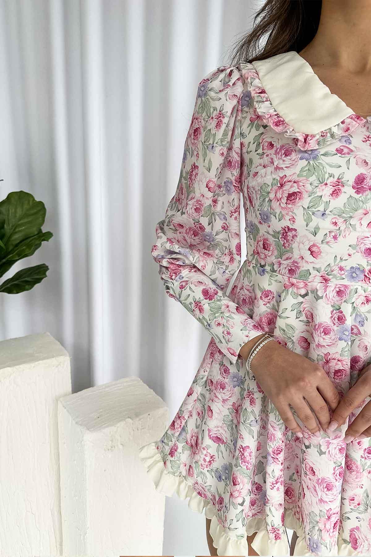 Bebe Yaka Çiçekli Kiloş Kadın Elbise - Pembe