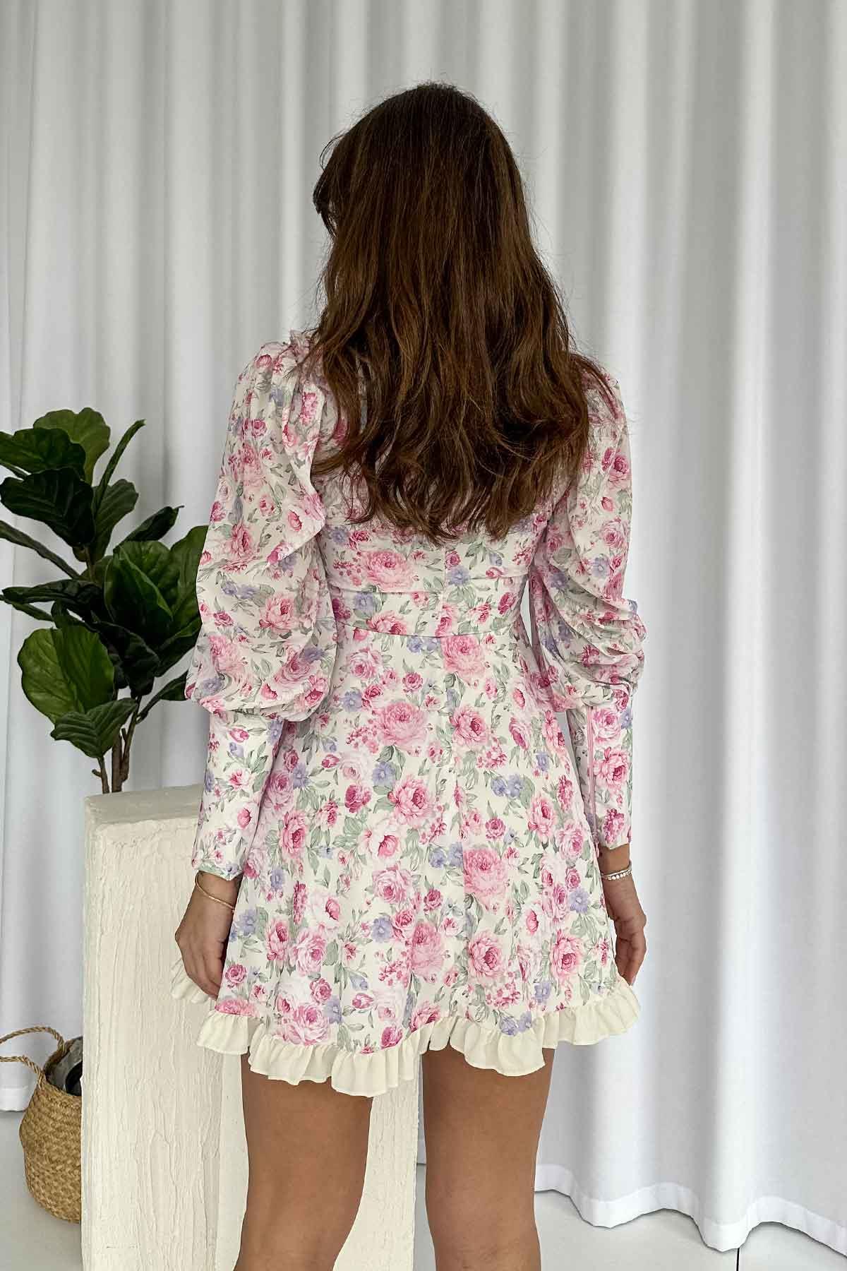 Bebe Yaka Çiçekli Kiloş Kadın Elbise - Pembe