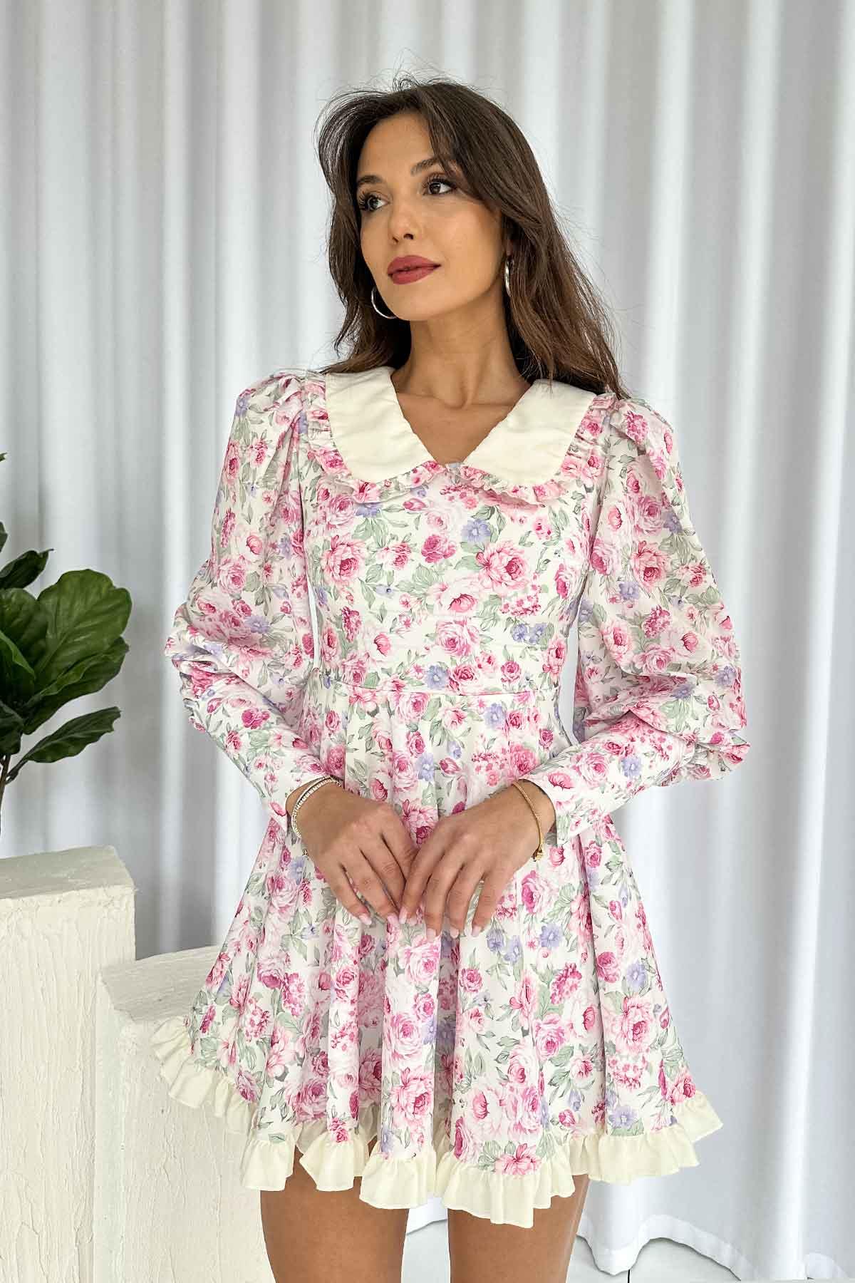 Bebe Yaka Çiçekli Kiloş Kadın Elbise - Pembe