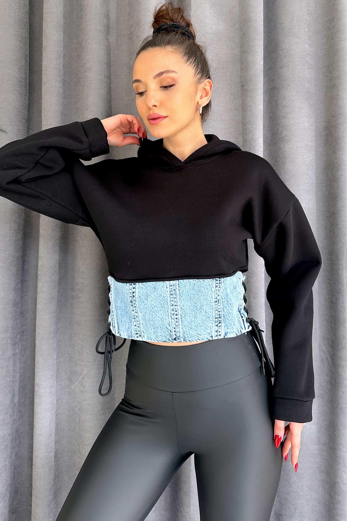 Bel Korse Detaylı Kadın Kısa  Sweatshirt - Siyah